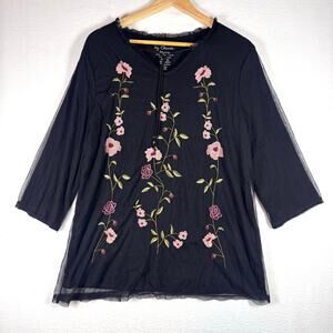 Chico's Black Floral Embroidered Sheer Blouse Boho 3/4 Sleeve Casual Whimsy sz 2